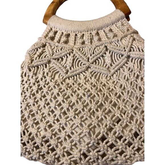 Vtg Mister Ernest Women's Cream White Boho Crochet Wood Purse Philippines - Picture 4 of 6